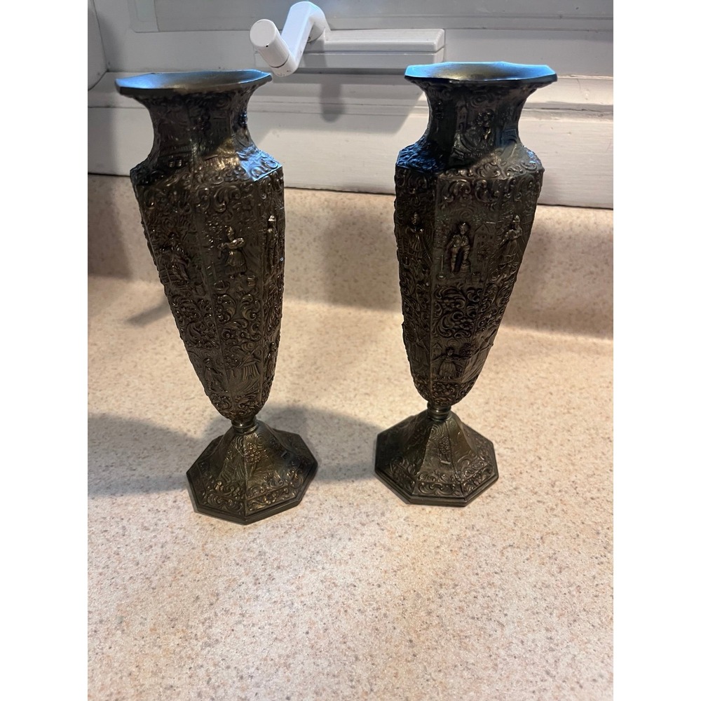 Pair of Antique Jennings Brothers (JB) Dutch Windmill Storybook Metal Vases